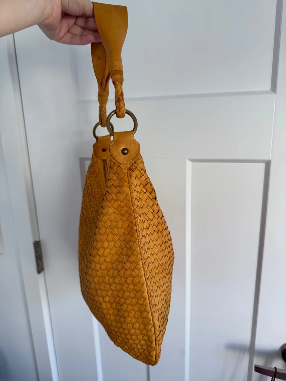Elliott Lucca Woven Leather Hobo Shoulder Bag Mustard Cognac Large Tote